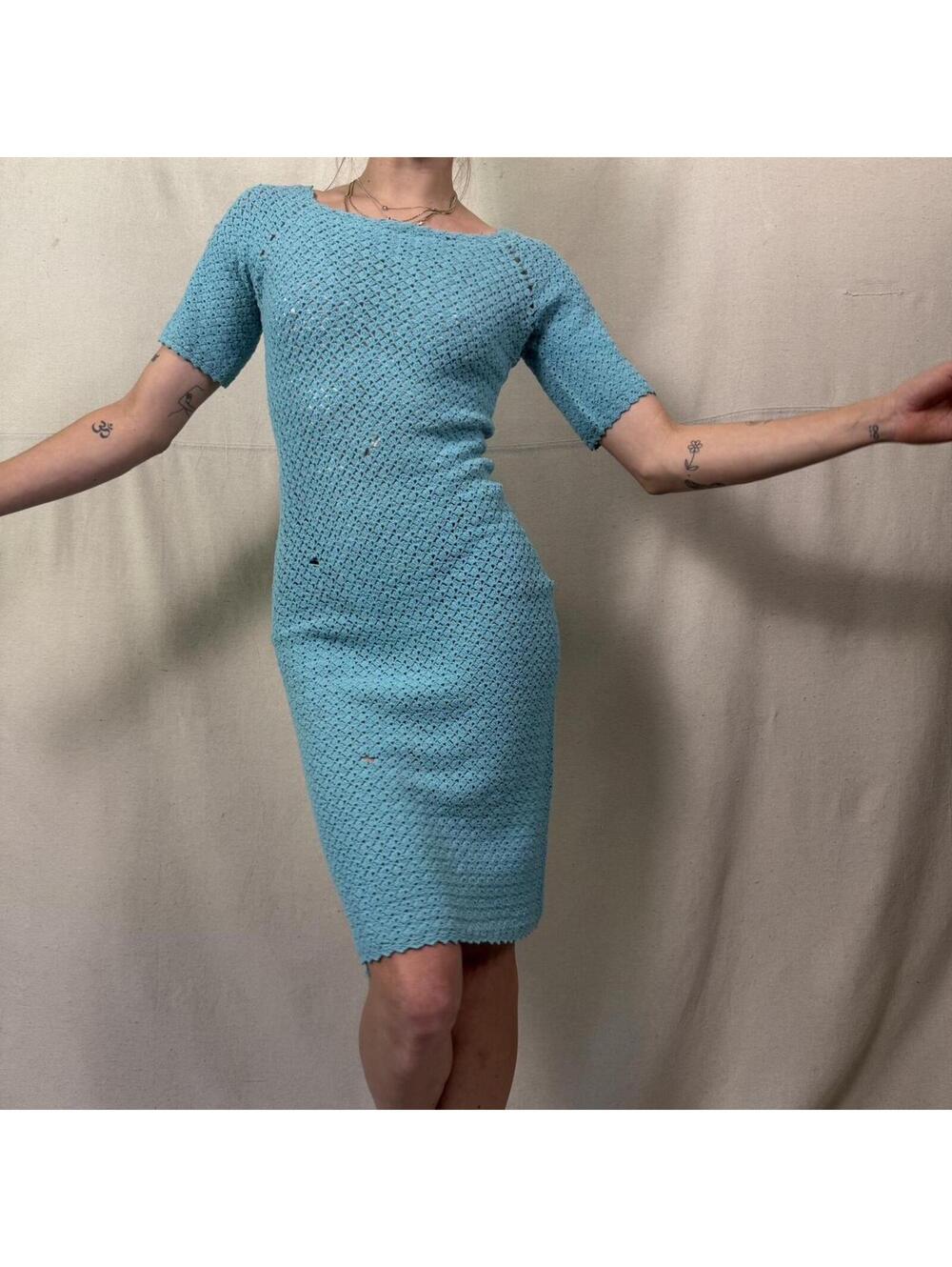 Vintage Turquoise Crochet Bodycon Dress – Flawed but Fab